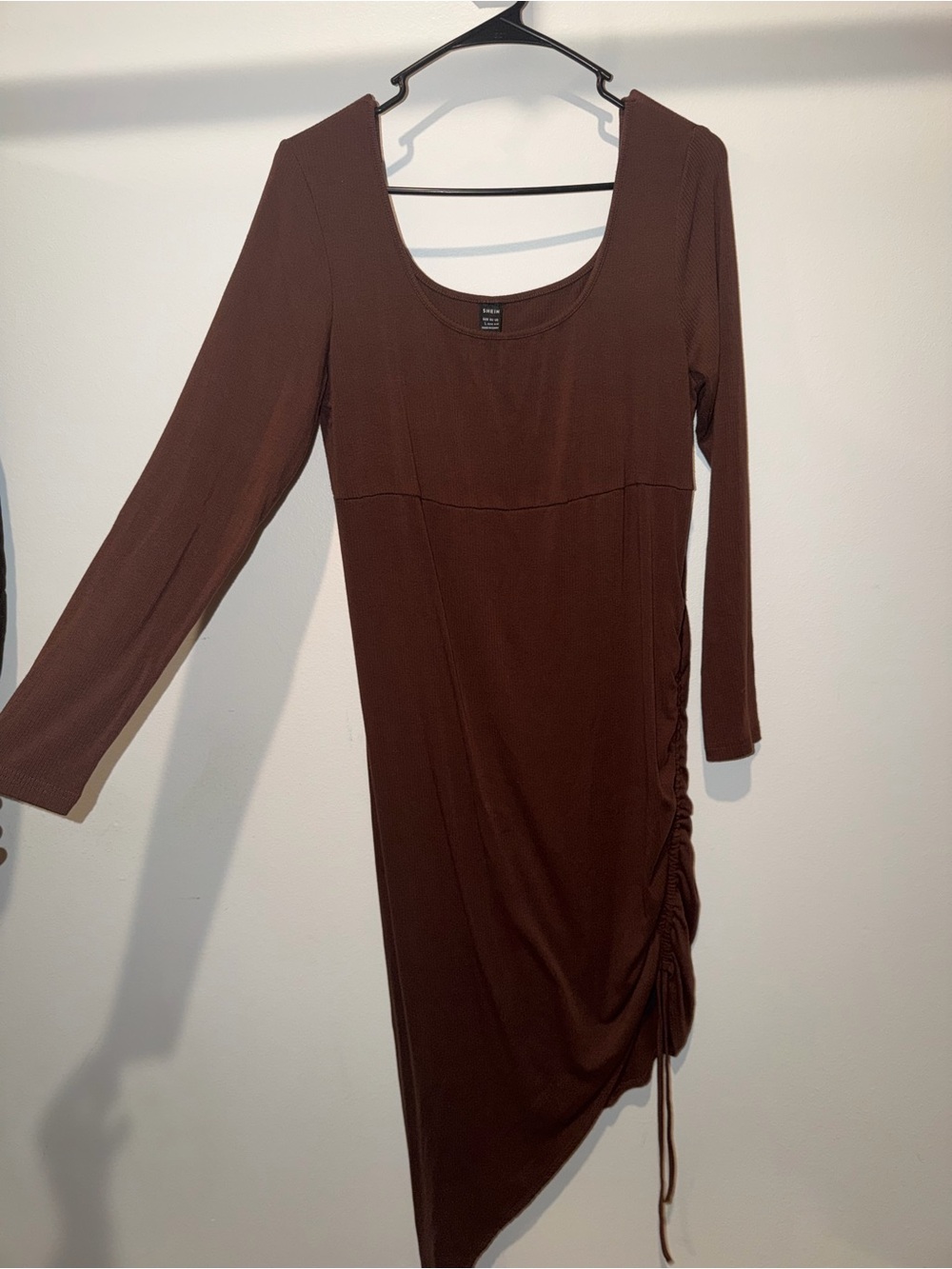 SHEIN Brown Long-Sleeve Ruched Asymmetric Midi Dress